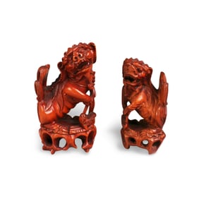 A Group of Two Carved Wooden Foo Lion Display