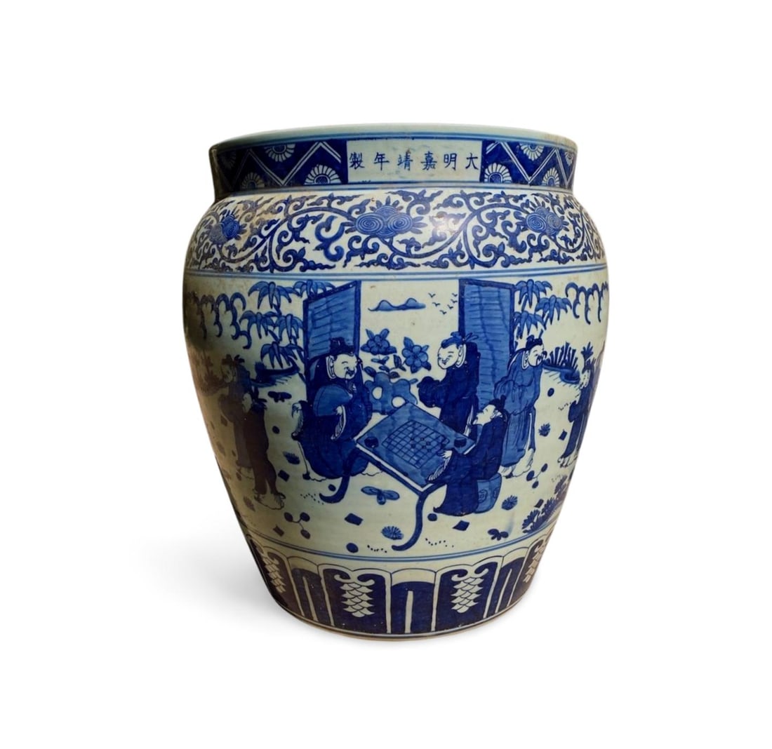 A Large Blue & White Tank: A Large Blue & White Tank. 'JiaJing' mark on body. Diameter: 21" Height: 23.75"