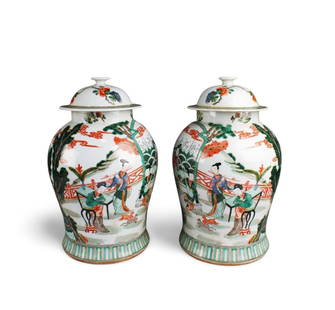 A Pair of Famille Verte Porcelain Jars with Lid: A Pair of Famille Verte Porcelain Jars with Lid. 'KangXi' mark at base. Height: 17"