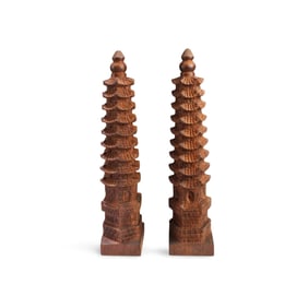 A Pair of Carved Wooden Pagoda