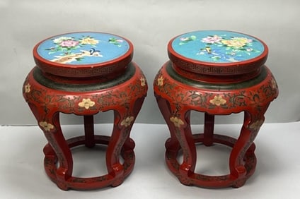 PAIR OF CHINESE LACQUERED CHAIRS, CLOISONNE SEATS