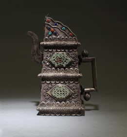 A Silver Jade and Gems Mounted Ewer