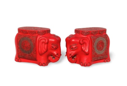 A Pair of Chinese Red Elephant Stools