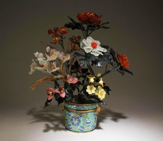 A Chinese Jade Tree in Cloisonne Planter