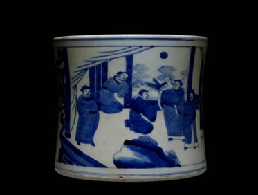 A Blue and White Brush Pot with Figure Motif