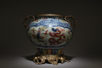 A Blue & White Vase with Bronze Accents
