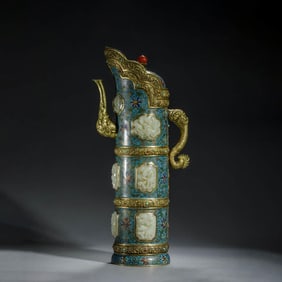 Cloisonne Enamel and Jade Inlaid Chilong Monk’S Cap Jug
