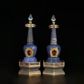 A Pair of Chinese Cloisonne Enamelled Lapis Towers Marked Qian Long