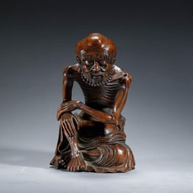 Carved Bamboo Skinny Arhat Statue