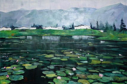 Wu Guanzhong Mark, Lotus Pond Painting, Oil on Canvas