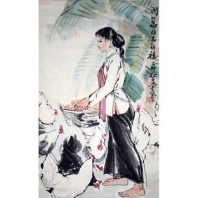 Huang Zhou Mark, Chinese Figure Painting Paper Scroll