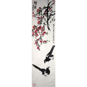 Qi Baishi Mark, Chinese Magpie Painting Paper Scroll
