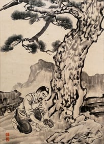 Xu Beihong Mark, Chinese Figure and Lingzhi Painting Paper Scroll