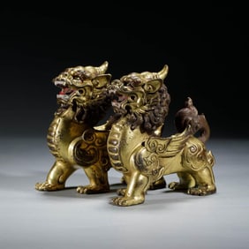 Pair of Gilt Bronze Mythical Beast Ornaments