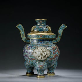 Cloisonne Enamel and Jade Inlaid Tripod Censer