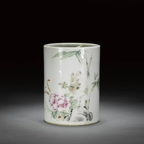 Famille Rose Flower and Bird Brush Pot