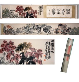 Wu Changshuo Mark, Chinese Chrysanthemum Paper Hand Scroll