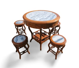 Chinese Hardwood Round Table with Four Stools