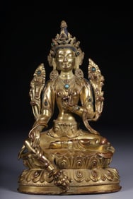 A Gilt Bronze Green Tara Statue Inlaid with Turquoise