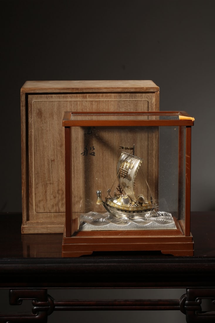 A Silver Gilt Treasure Ship with Original Wood Case: A Silver Gilt Treasure Ship with Original Wood Case. Dimensions: 8.66in x 5.91in x 8.86in