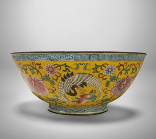 Copper enamel bowl with flower and bird patterns