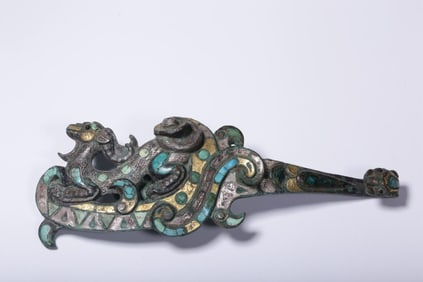 A Bronze Belt Hook with Gold, Silver, and Turquoise Inlay