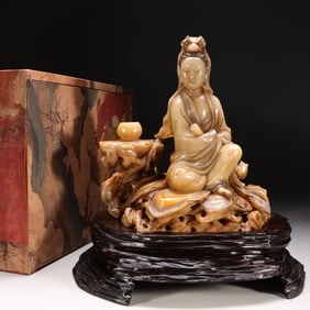A Shoushan Stone Sculpture of Guanyin Holding Sutra