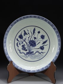 A Blue and White Plate with Lotus Design