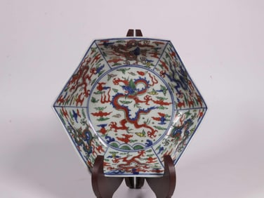 A Polychrome Enamel Hexagonal Bowl with Dragon Design