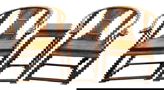 A Set of Two Chinese Hardwood Arm-Chairs: A Set of Two Chinese hardwood (Possibly HuangHuaLi) Horseback Arm-Chairs and One Tea Table. Height: 39" (Chair)
