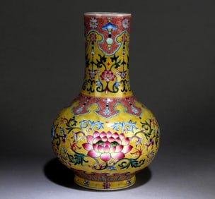 A Yellow-Ground Famille Rose Bottle Vase