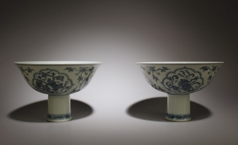 A Pair of Blue and White Stem Cups