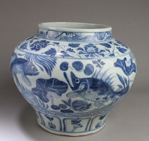 Chinese Carp Blue & White Porceclain Jar