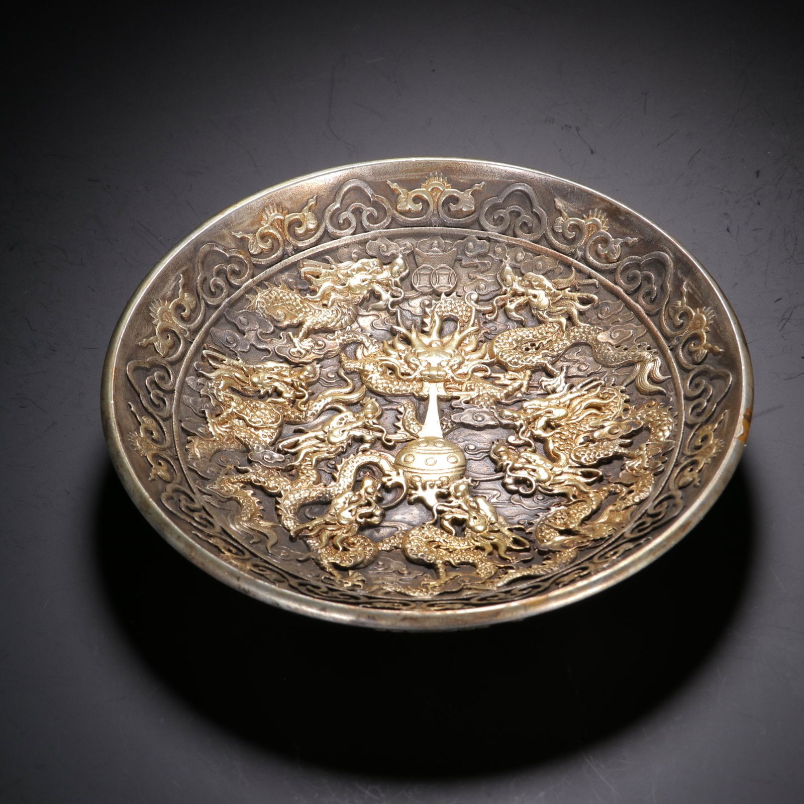 A Gilt Silver & Gilt Bronze Fu Lu Shou Presentation Dish