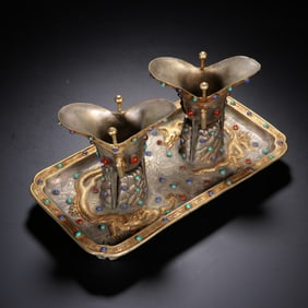A Pair of Gilt Silver & Gilt Bronze Stem Cups and Plate with Gem Inlay