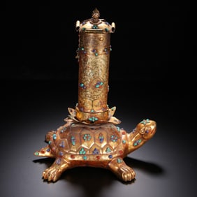 A Gilt Bronze Turtle-Carried Sutra Holder with Gem Inlay