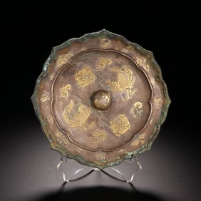 A Bronze Mirror with Gold & Silver Damascened Lotus Motif