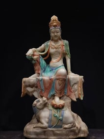 A Painted White Jade Seated Guanyin Statue