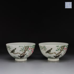 A Pair of Fencai Cups with Bird and Flower Motif