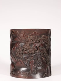 A Zitan Wood Brushpot with Scholar Scene