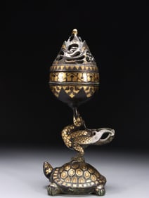 A Boshan Censer with Damascened Longevity Turtle and Crane Motif