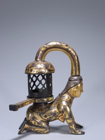A Bronze Human-Shaped Palace Lantern with Gold and Silver Inlay