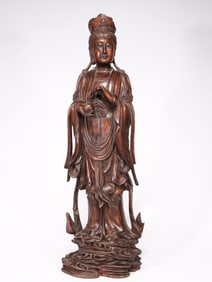 An Agarwood Standing Guanyin Statue with Pure Bottle