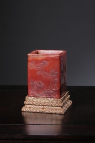 A Shoushan Furong Stone Square Brushpot with Fishermen and Scholars Motif