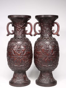 A Pair of Agarwood Vases with Floral Motif