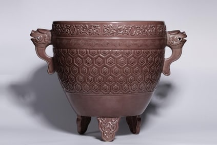 A Tripod Censer with Eggplant Purple Glaze and Twin Lion Handles