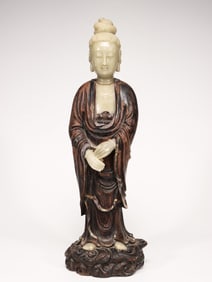 A Zitan Wood Standing Guanyin Statue with Jade Inlay