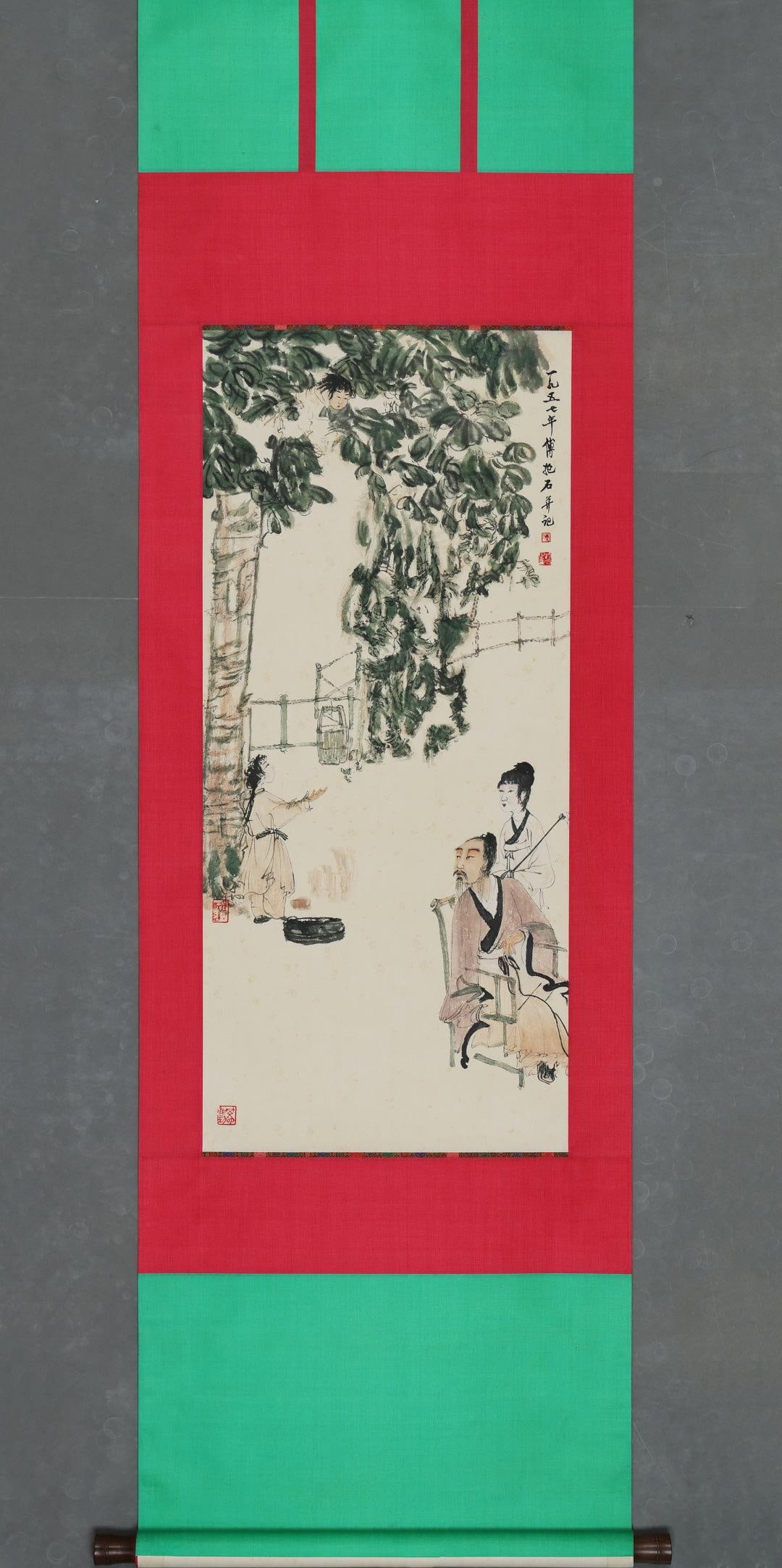 A Hanging Scroll Depicting Fruit Picking in Courtyard Attributed to Fu Baoshi: A Hanging Scroll Depicting Fruit Picking in Courtyard Attributed to Fu Baoshi. Dimensions: 37.8in x 17.32in