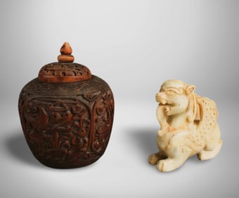 A Carved Jade Ornament and A Wooden Carved Contain