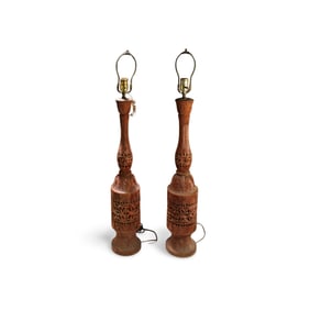 A Pair of Chinese Wooden Carved Lamp Holders